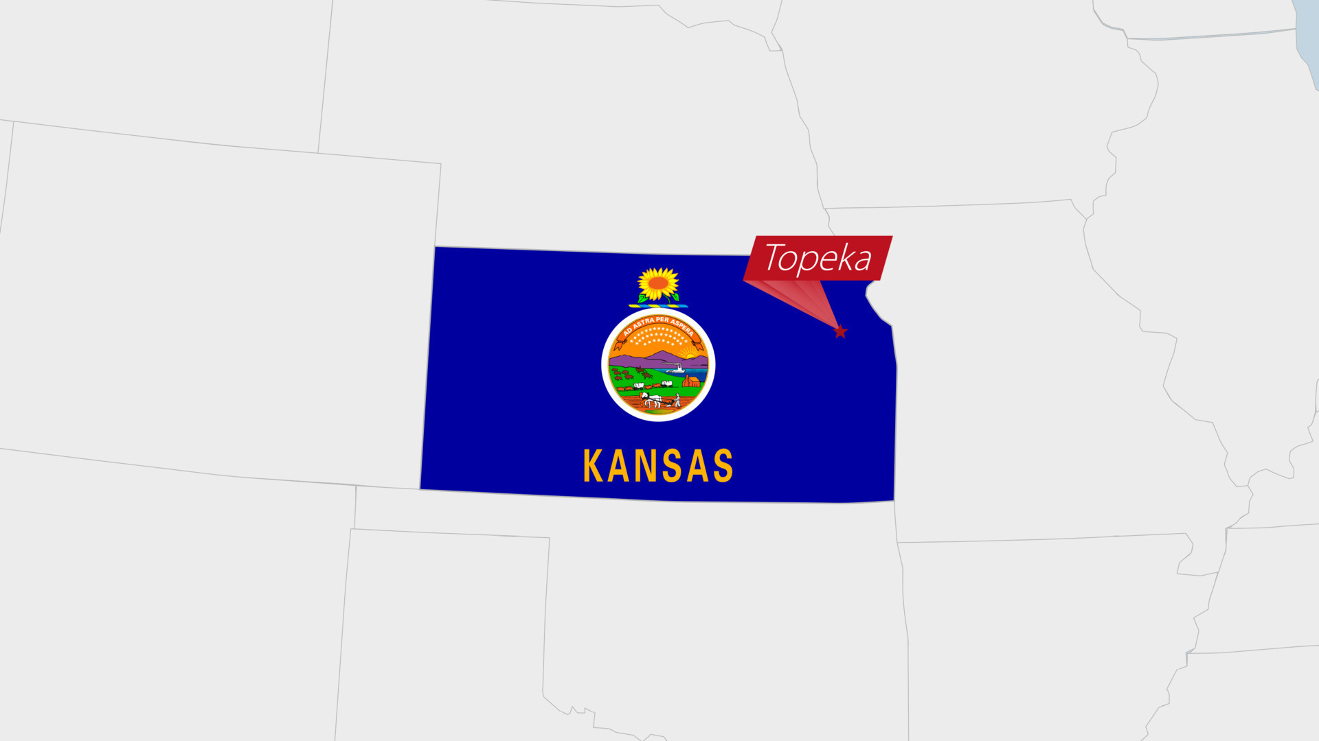 US State Kansas map highlighted in Kansas flag colors and pin of country capital Topeka