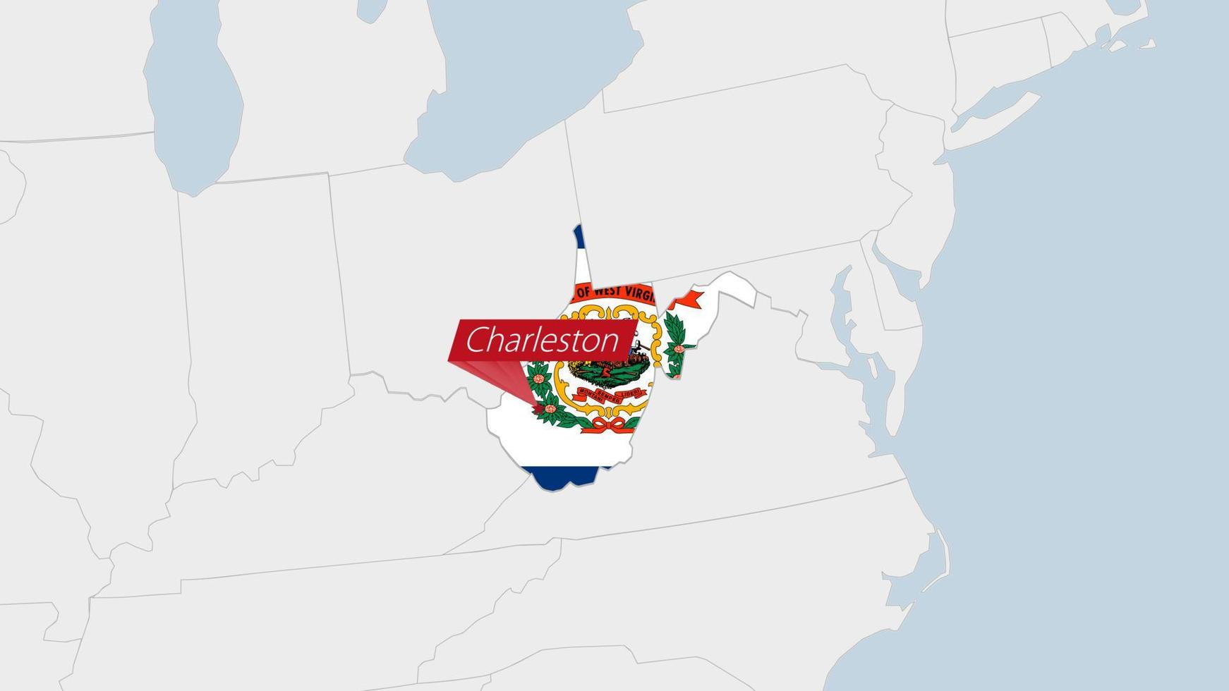 US State West Virginia map highlighted in West Virginia flag colors and pin of country capital Charleston. vector