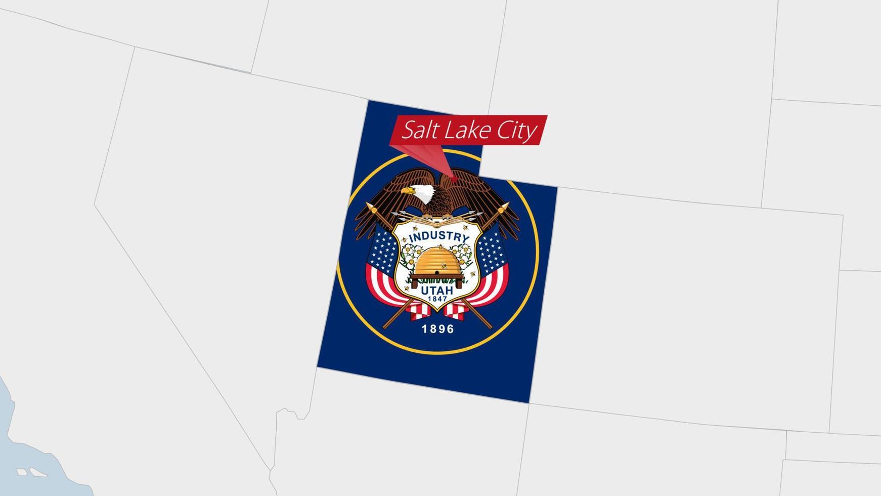 US State Utah map highlighted in Utah flag colors and pin of country capital Salt Lake City. vector
