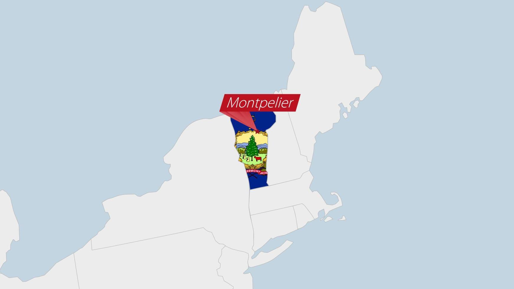 US State Vermont map highlighted in Vermont flag colors and pin of country capital Montpelier. vector
