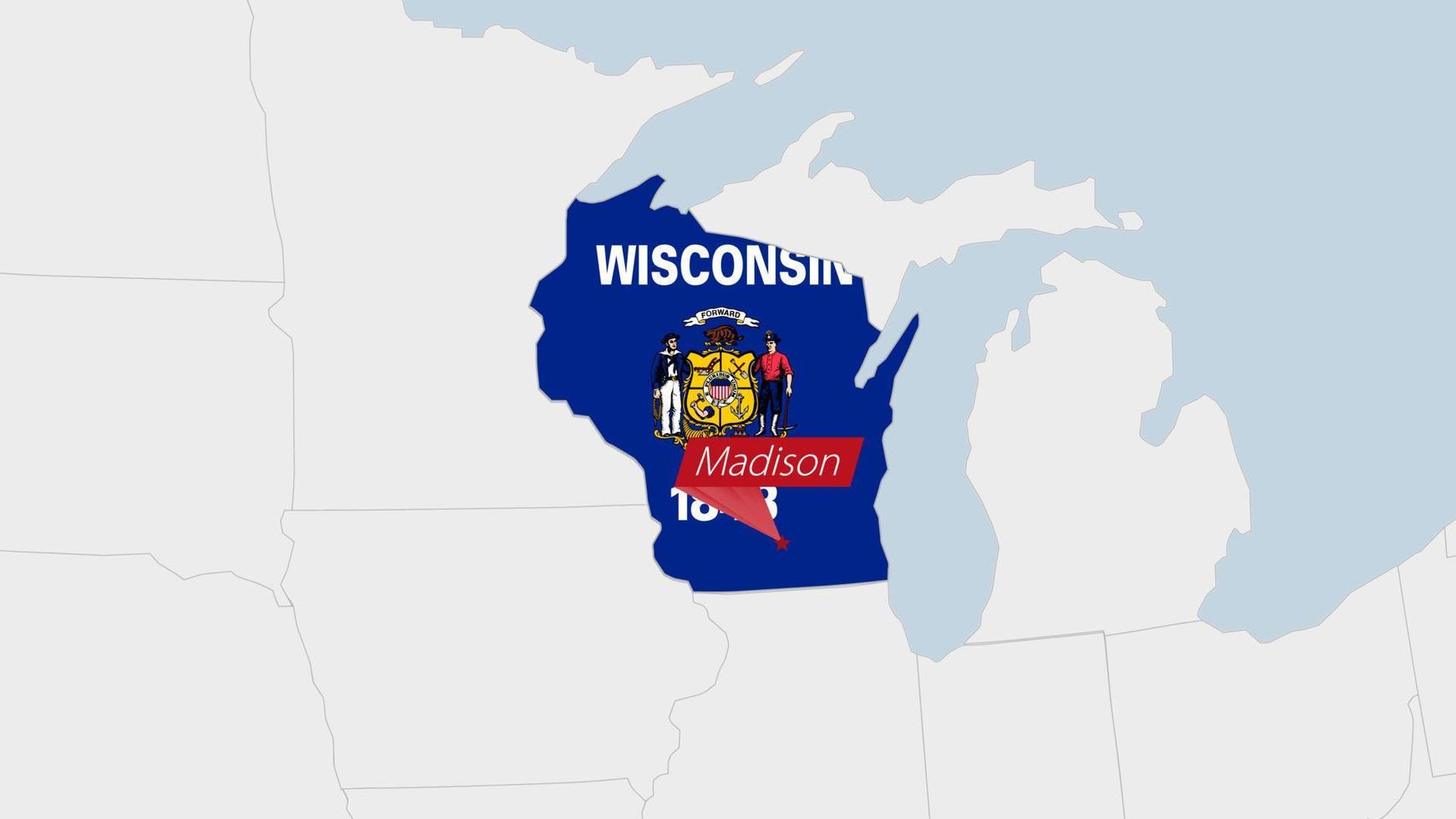 nosotros estado Wisconsin mapa destacado en Wisconsin bandera colores y alfiler de país capital madison vector