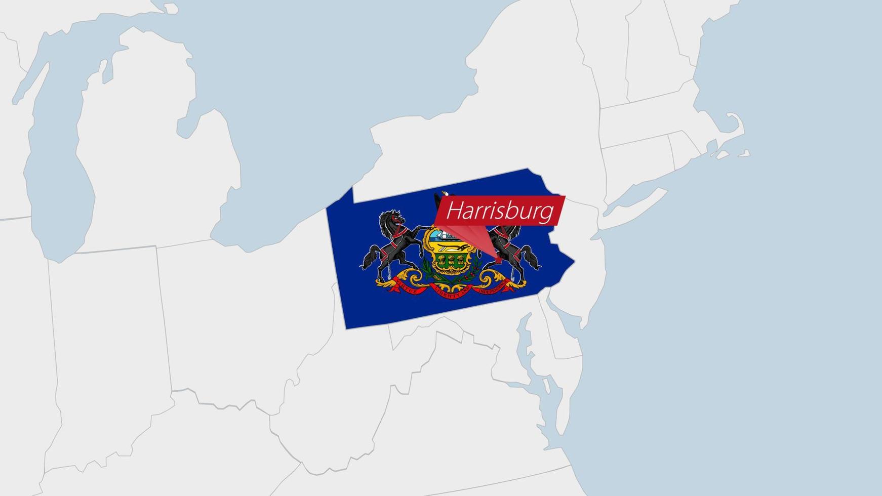 US State Pennsylvania map highlighted in Pennsylvania flag colors and pin of country capital Harrisburg. vector