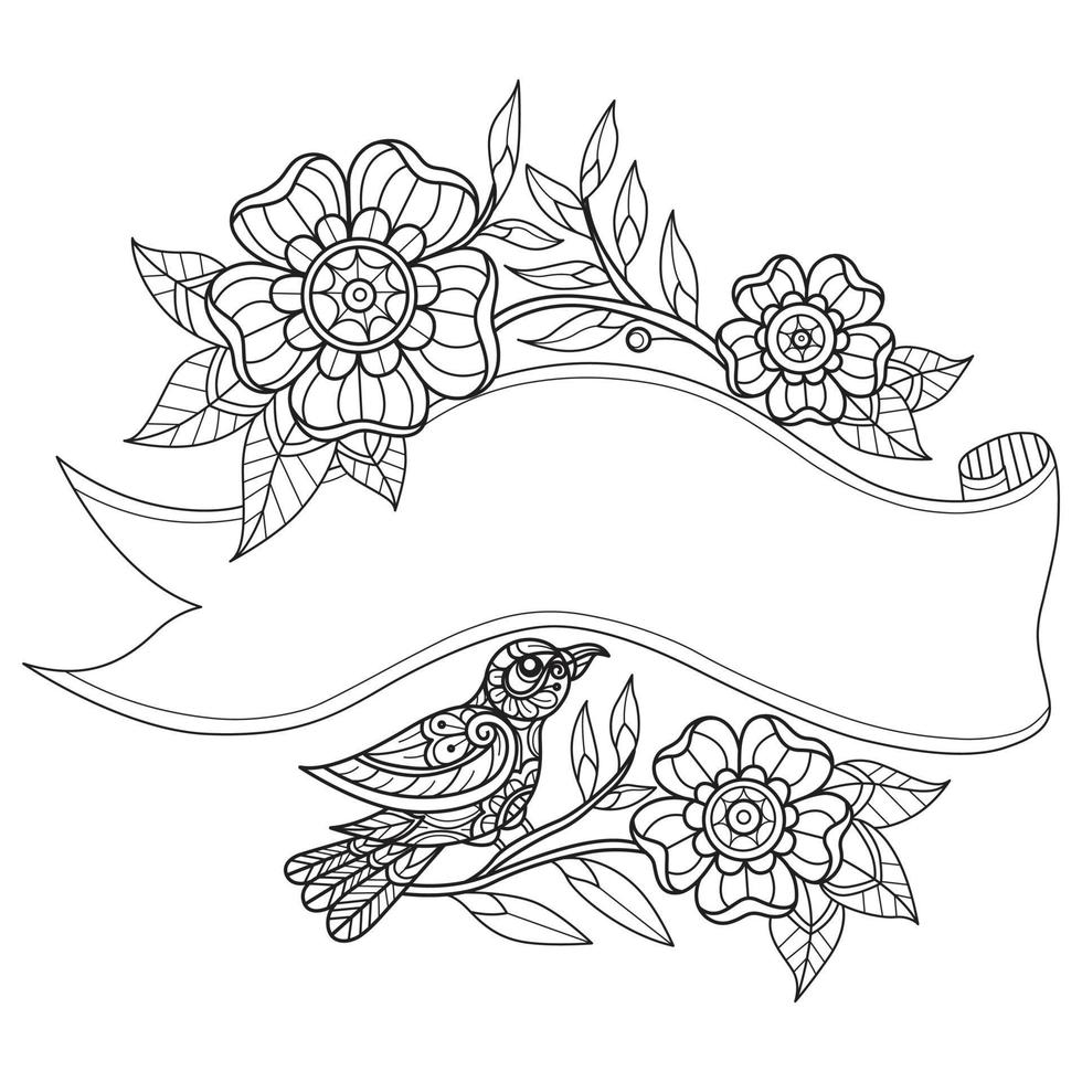 Bow label and bird hand drawn for adult coloring book vector