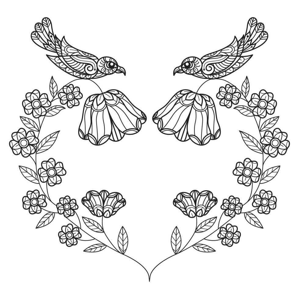 Bird and flower frame hand drawn for adult coloring book vector