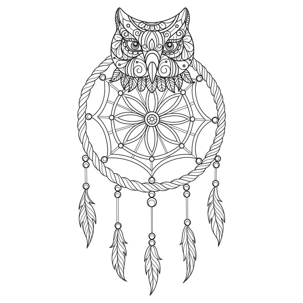 Owl and dream catcher hand drawn for adult coloring book vector