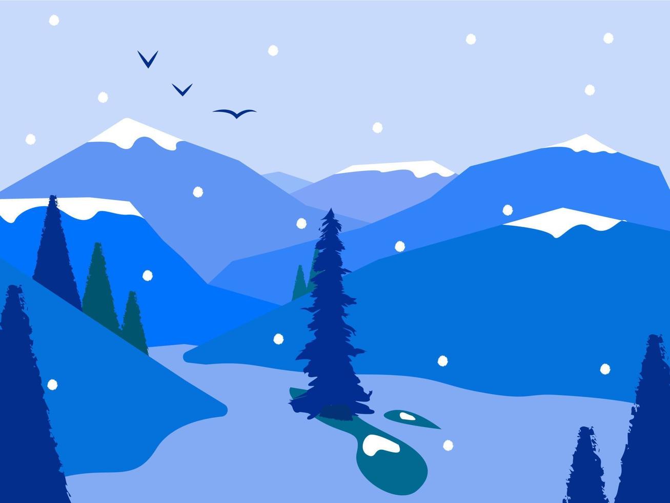 Winter mountain Christmas landscape with fir trees and snowflakes. Vector winter mountain background, Christmas winter