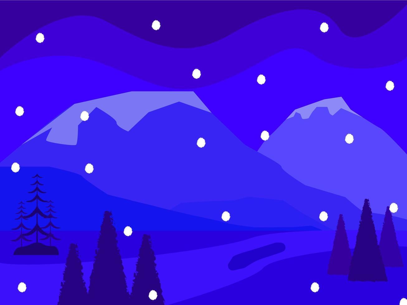 Winter mountain Christmas landscape with fir trees and snowflakes. Vector winter mountain background, Christmas winter