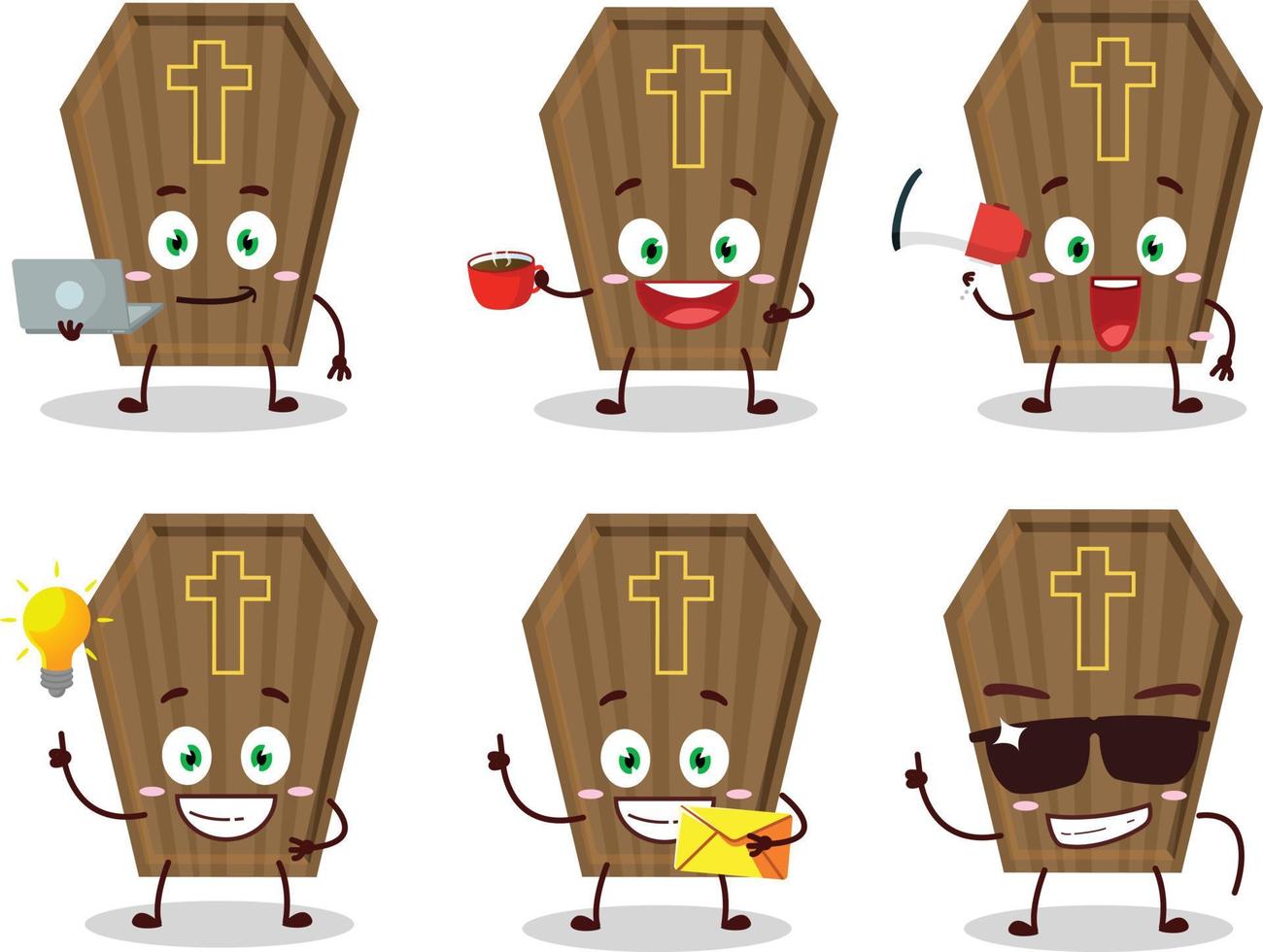 Coffin cartoon character with various types of business emoticons vector