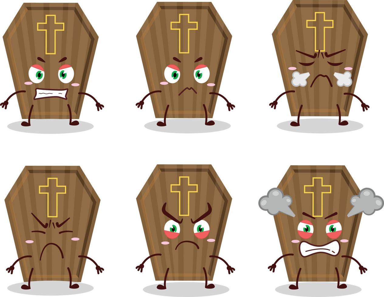 Coffin cartoon character with various angry expressions vector