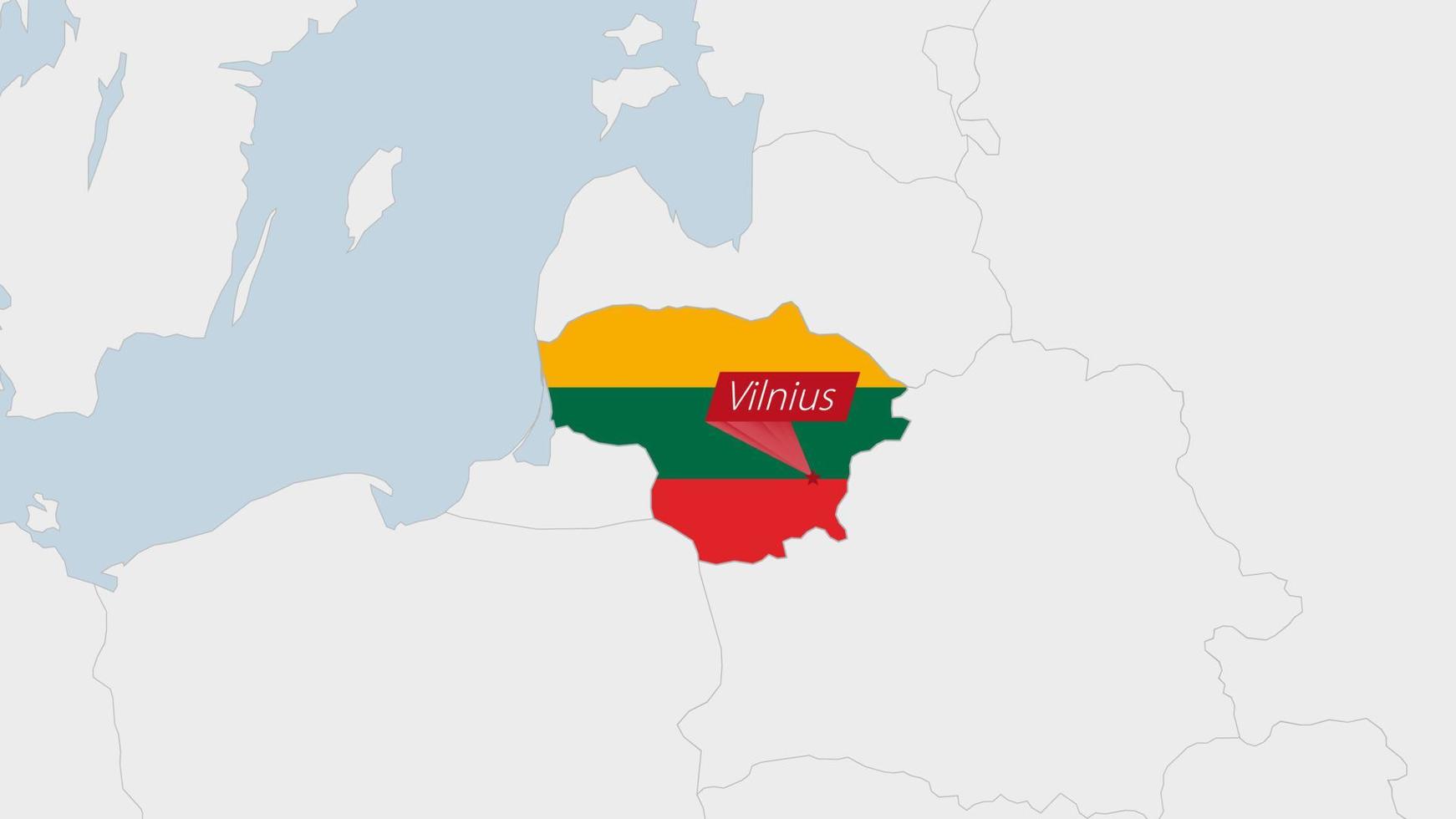 Lithuania map highlighted in Lithuania flag colors and pin of country capital Vilnius. vector