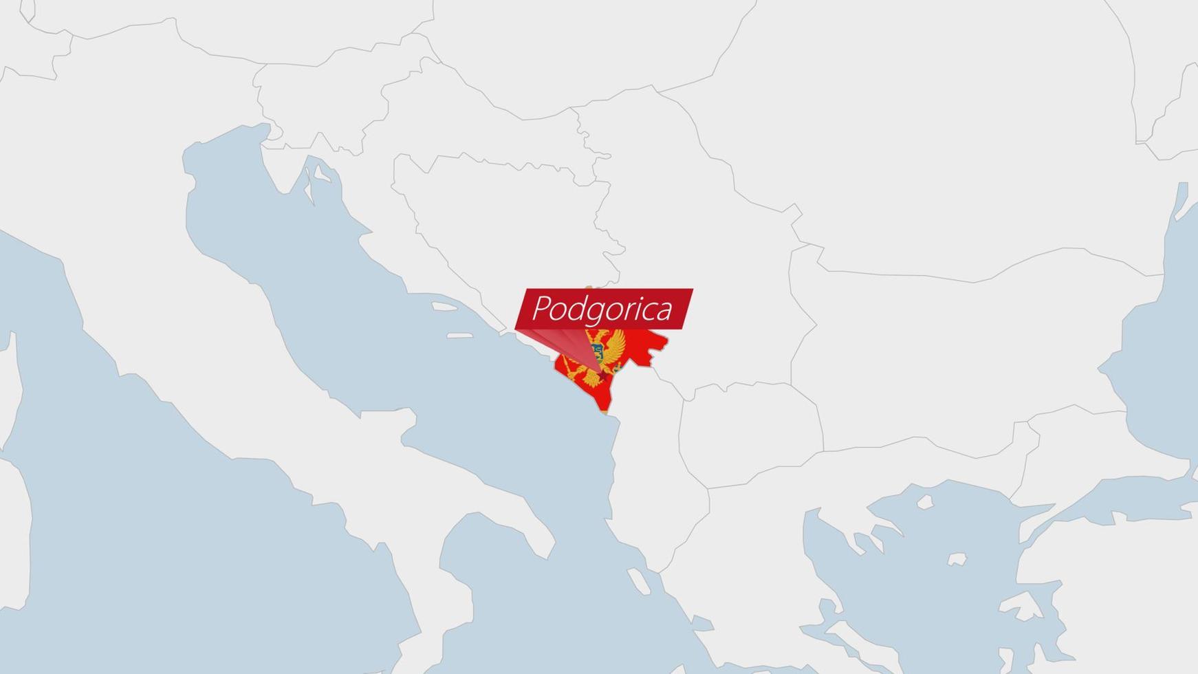 Montenegro map highlighted in Montenegro flag colors and pin of country capital Podgorica. vector