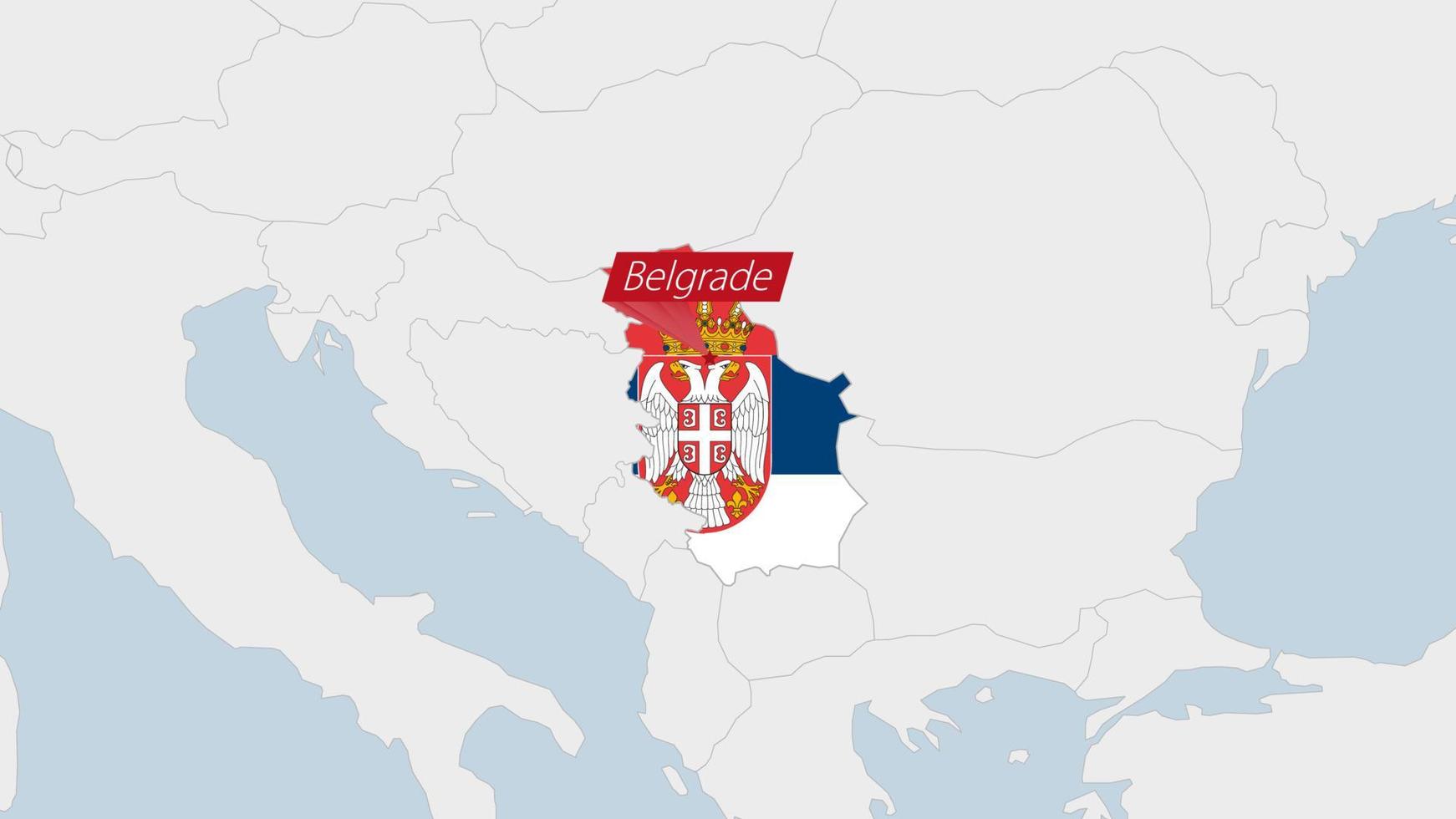 Serbia map highlighted in Serbia flag colors and pin of country capital Belgrade. vector