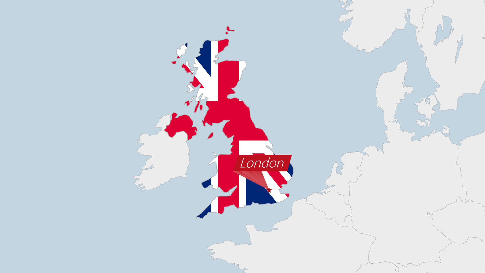 United Kingdom map highlighted in UK flag colors and pin of country