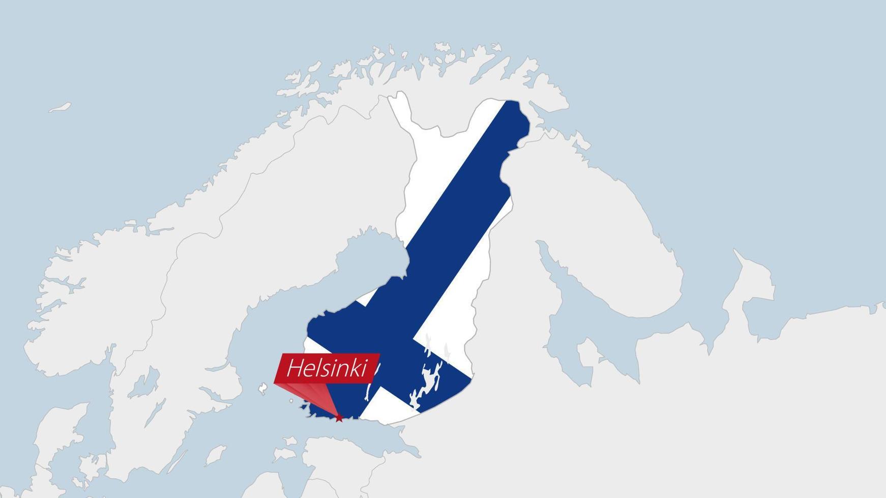 Finland map highlighted in Finland flag colors and pin of country capital Helsinki. vector