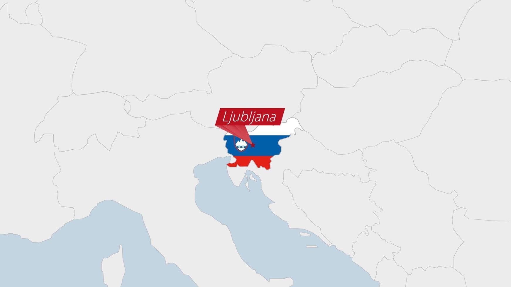 Slovenia map highlighted in Slovenia flag colors and pin of country capital Ljubljana. vector