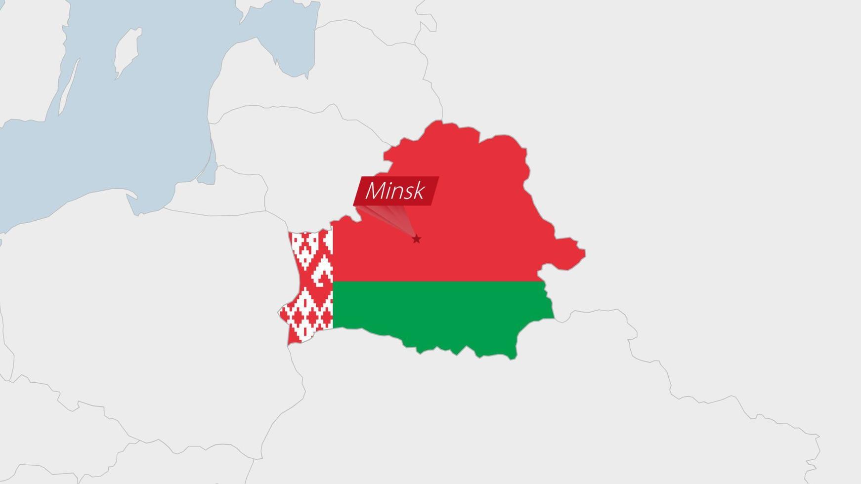 Belarus map highlighted in Belarus flag colors and pin of country capital Minsk. vector