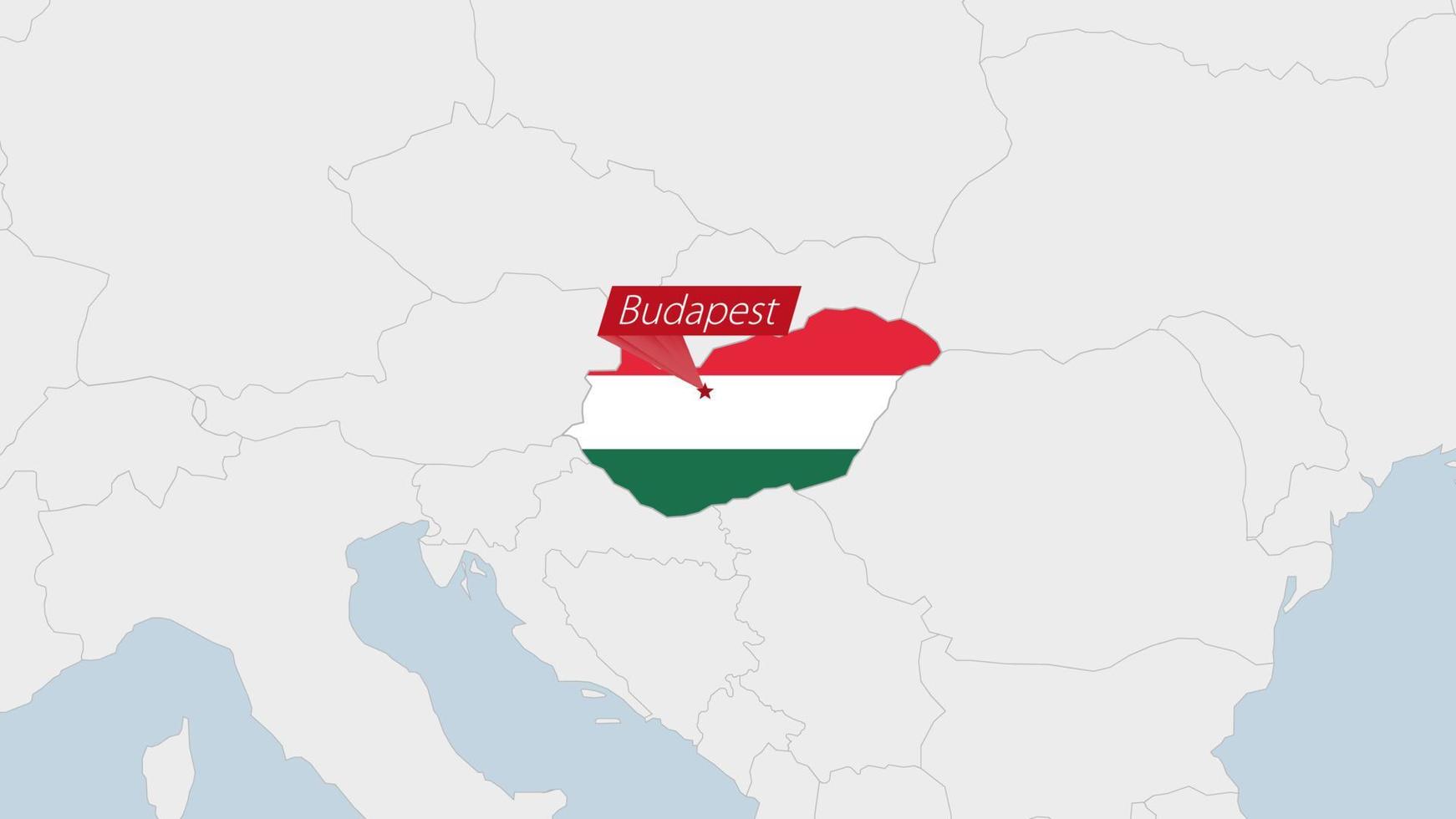 Hungary map highlighted in Hungary flag colors and pin of country capital Budapest. vector