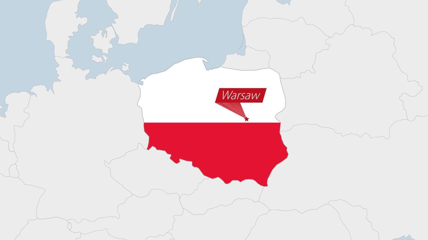 Poland map highlighted in Poland flag colors and pin of country capital Warsaw. vector