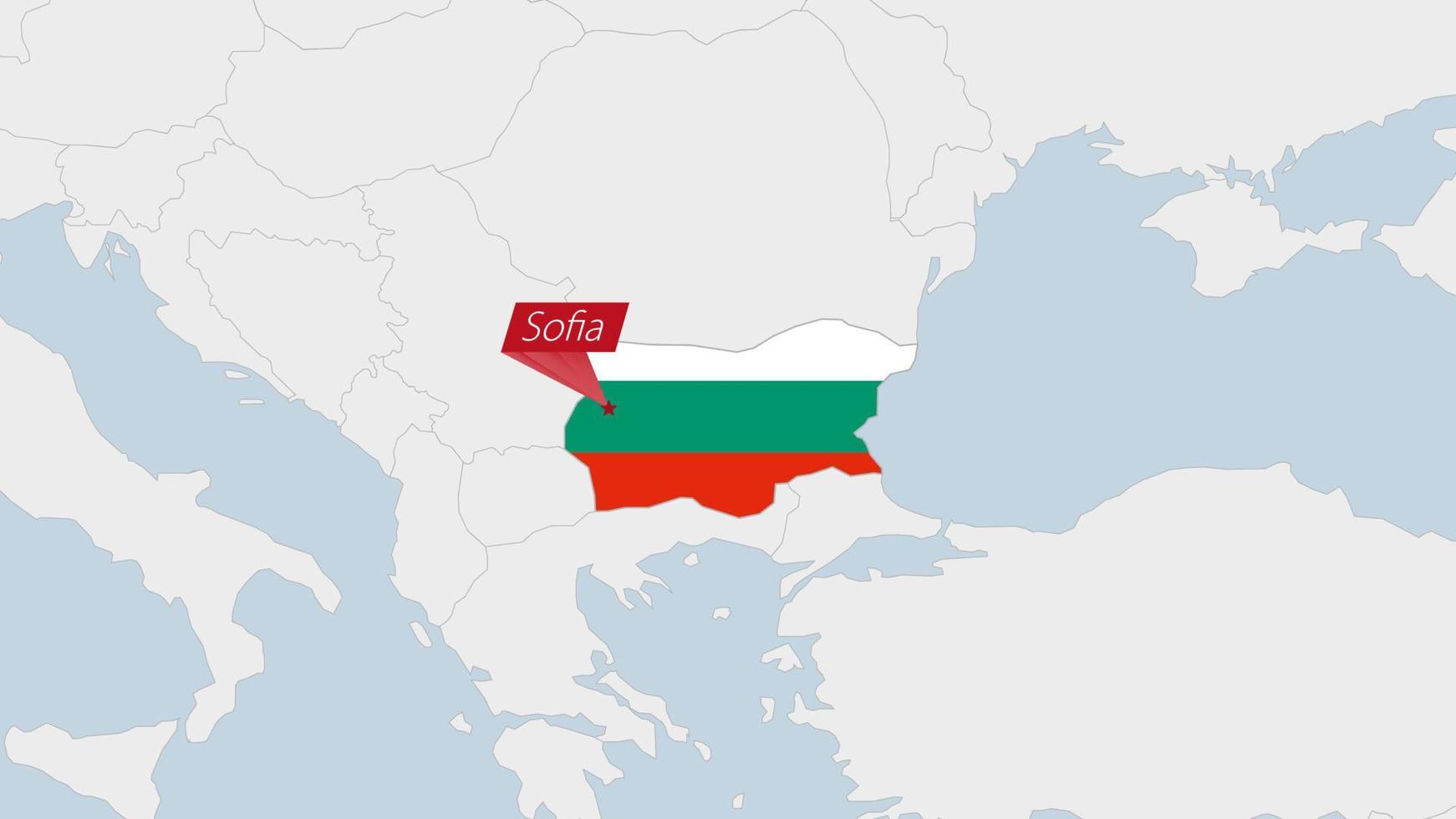 Bulgaria map highlighted in Bulgaria flag colors and pin of country capital Sofia. vector