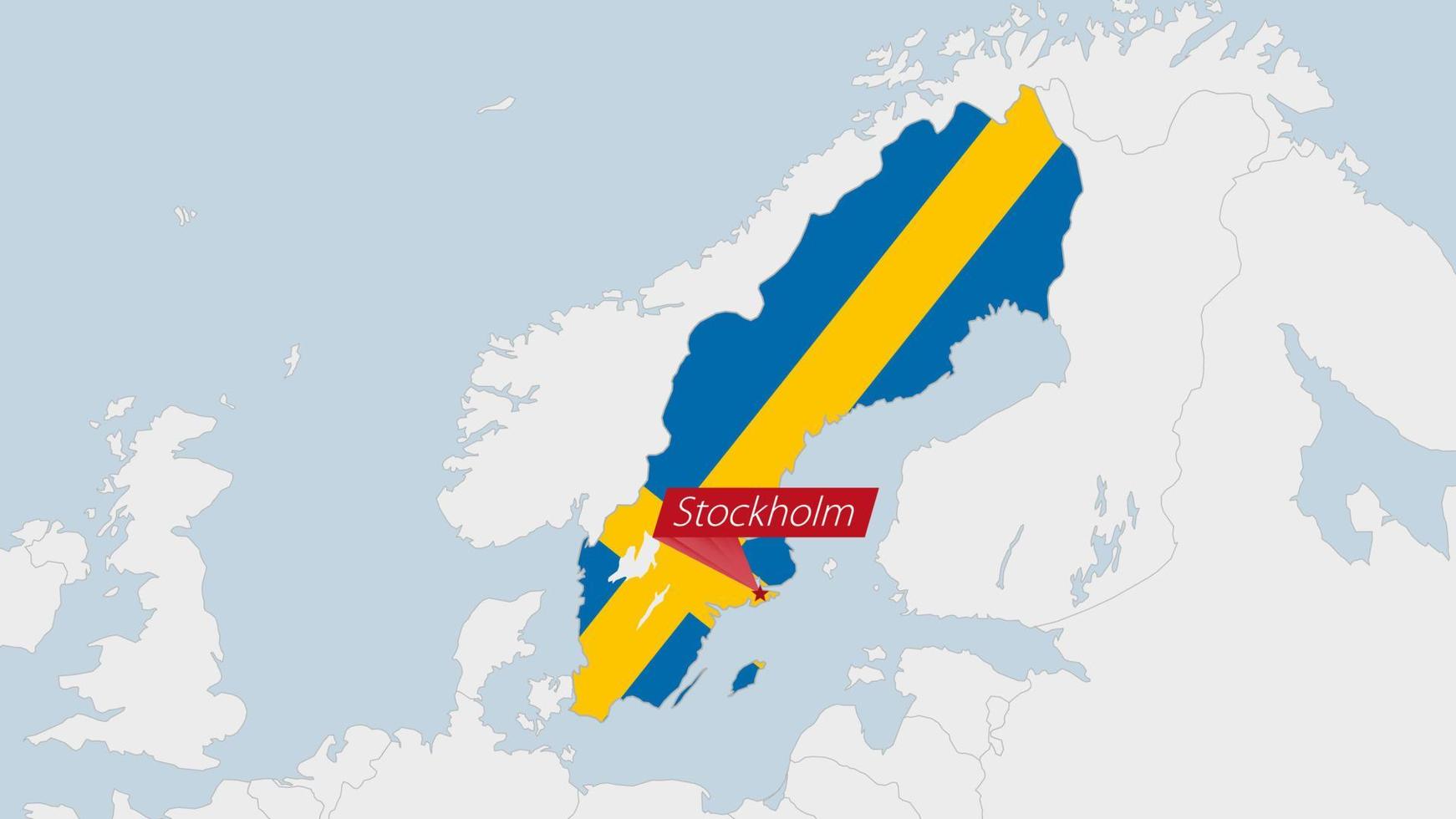 Sweden map highlighted in Sweden flag colors and pin of country capital Stockholm. vector