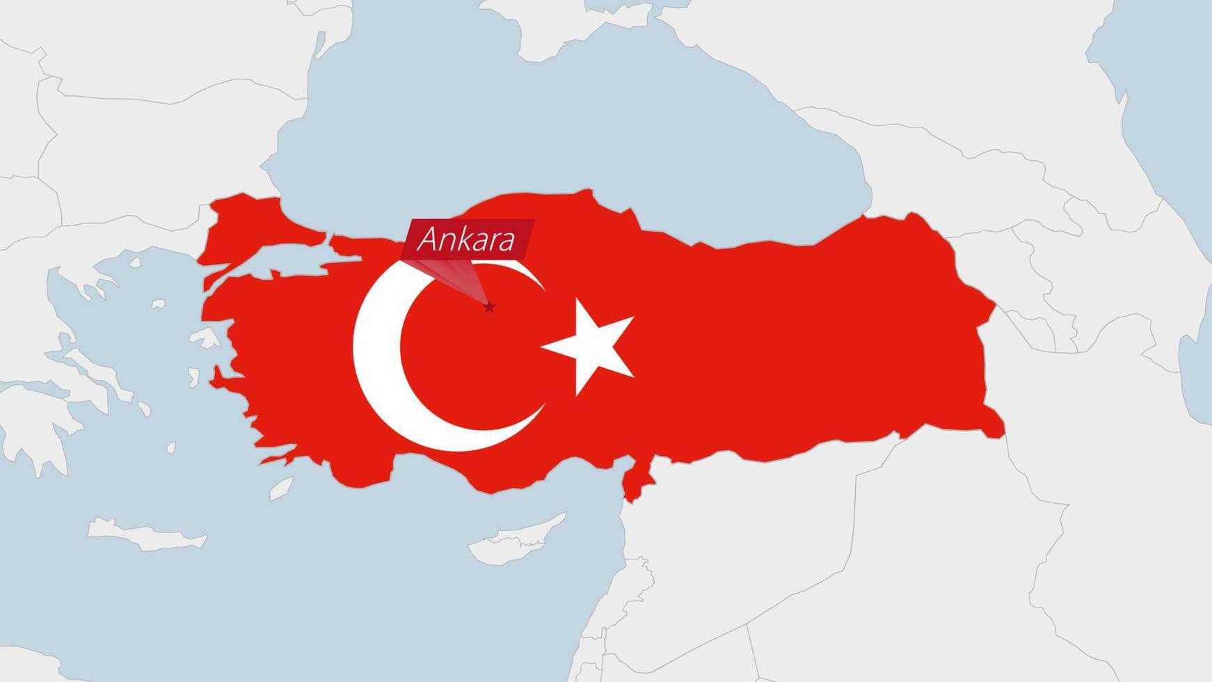Turkey map highlighted in Turkey flag colors and pin of country capital Ankara. vector