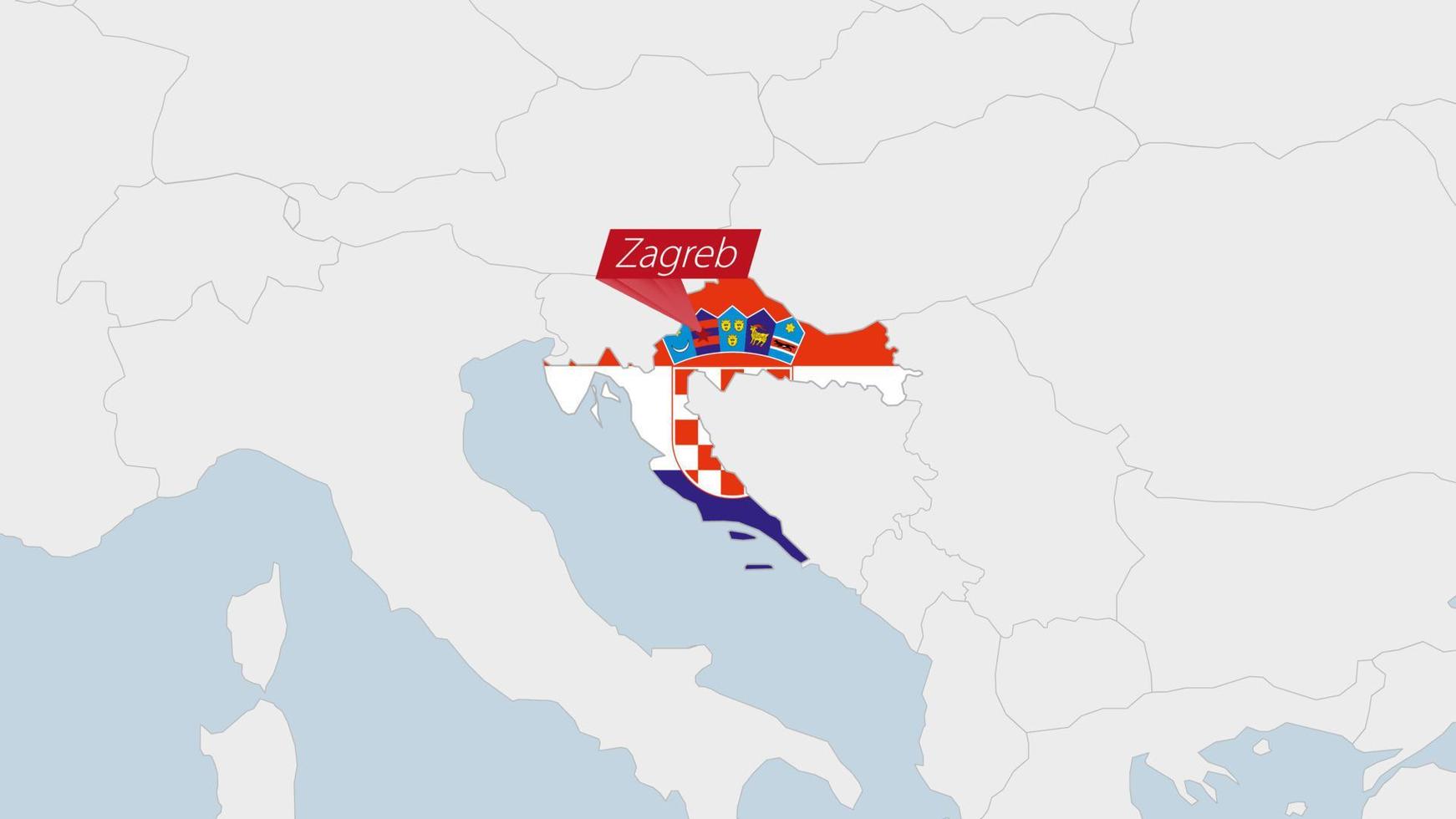 Croacia mapa destacado en Croacia bandera colores y alfiler de país capital zagreb. vector