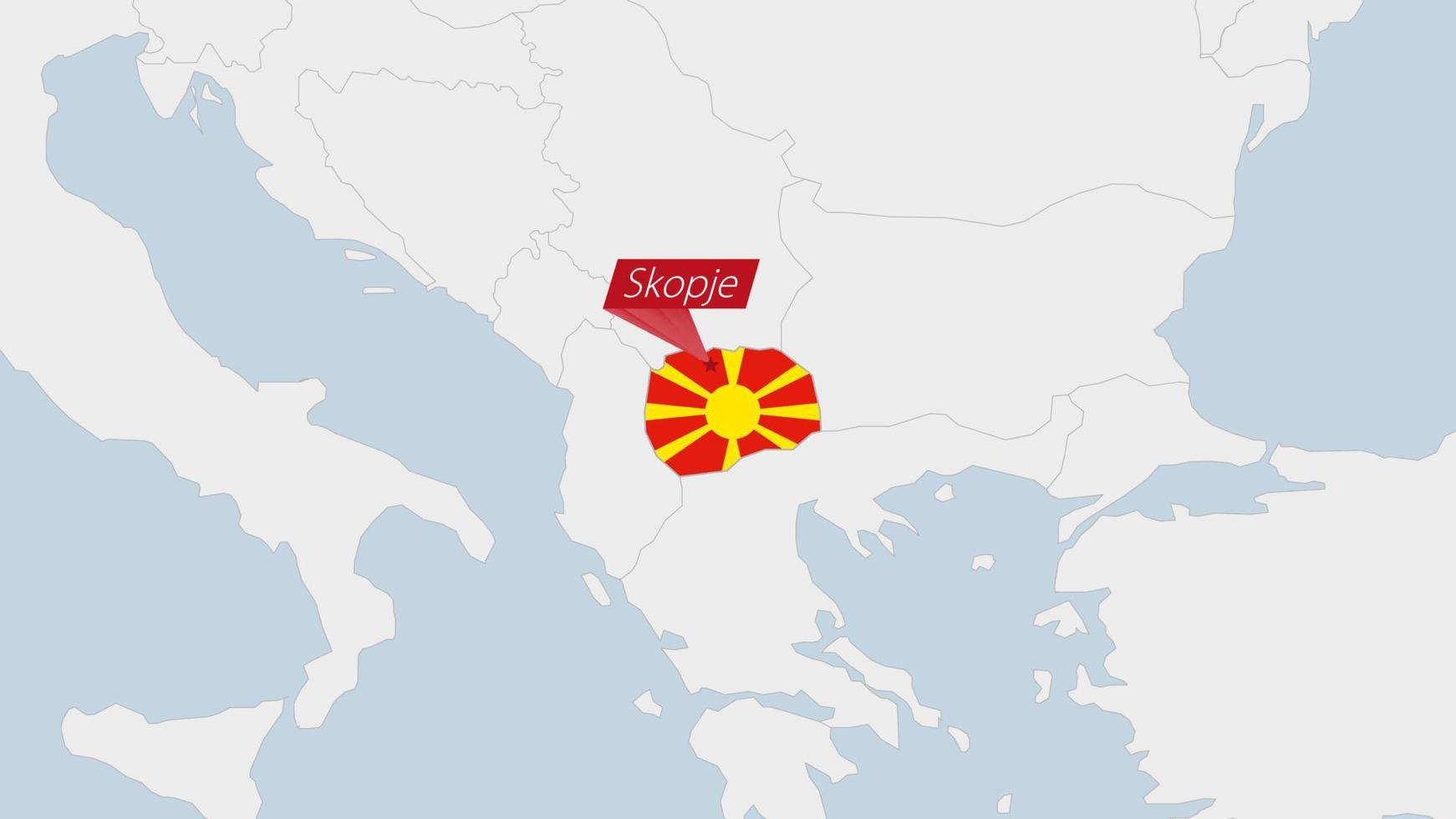 North Macedonia map highlighted in Macedonia flag colors and pin of country capital Skopje. vector