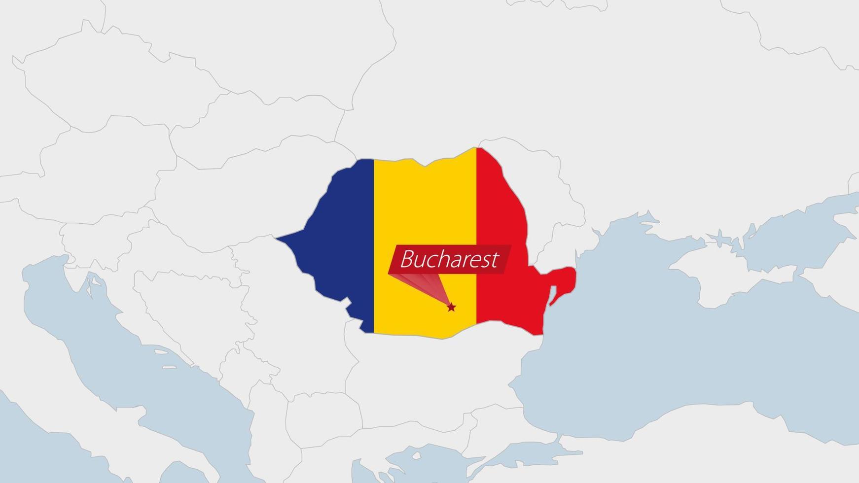 Romania map highlighted in Romania flag colors and pin of country capital Bucharest. vector