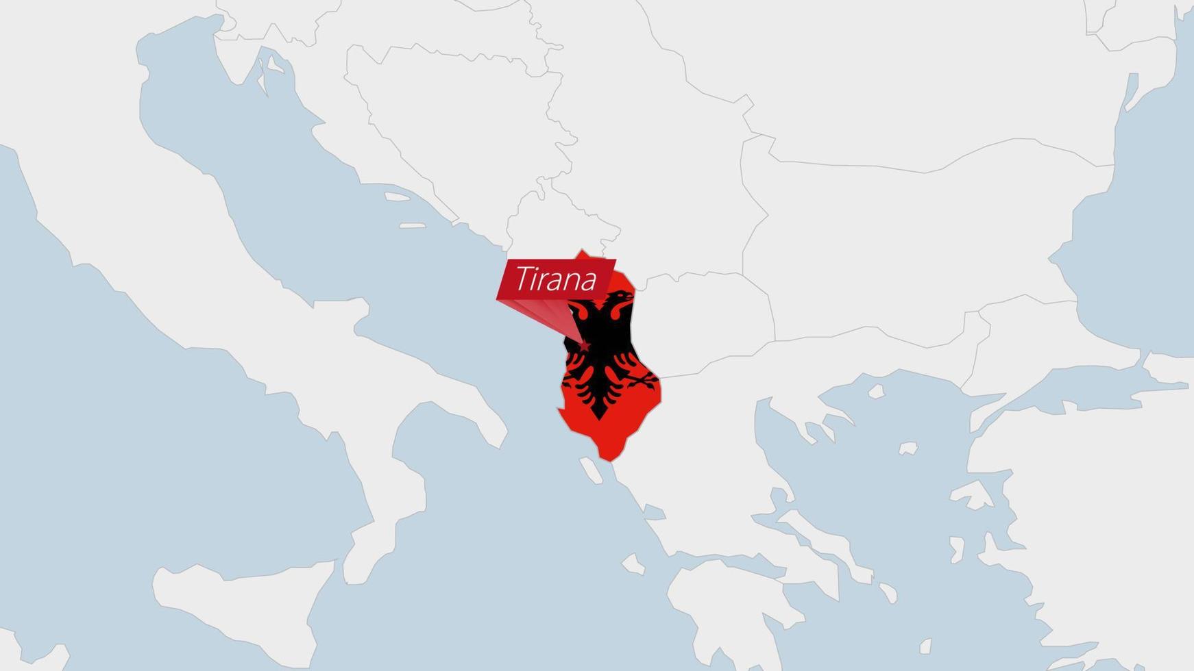 Albania map highlighted in Albania flag colors and pin of country capital Tirana. vector