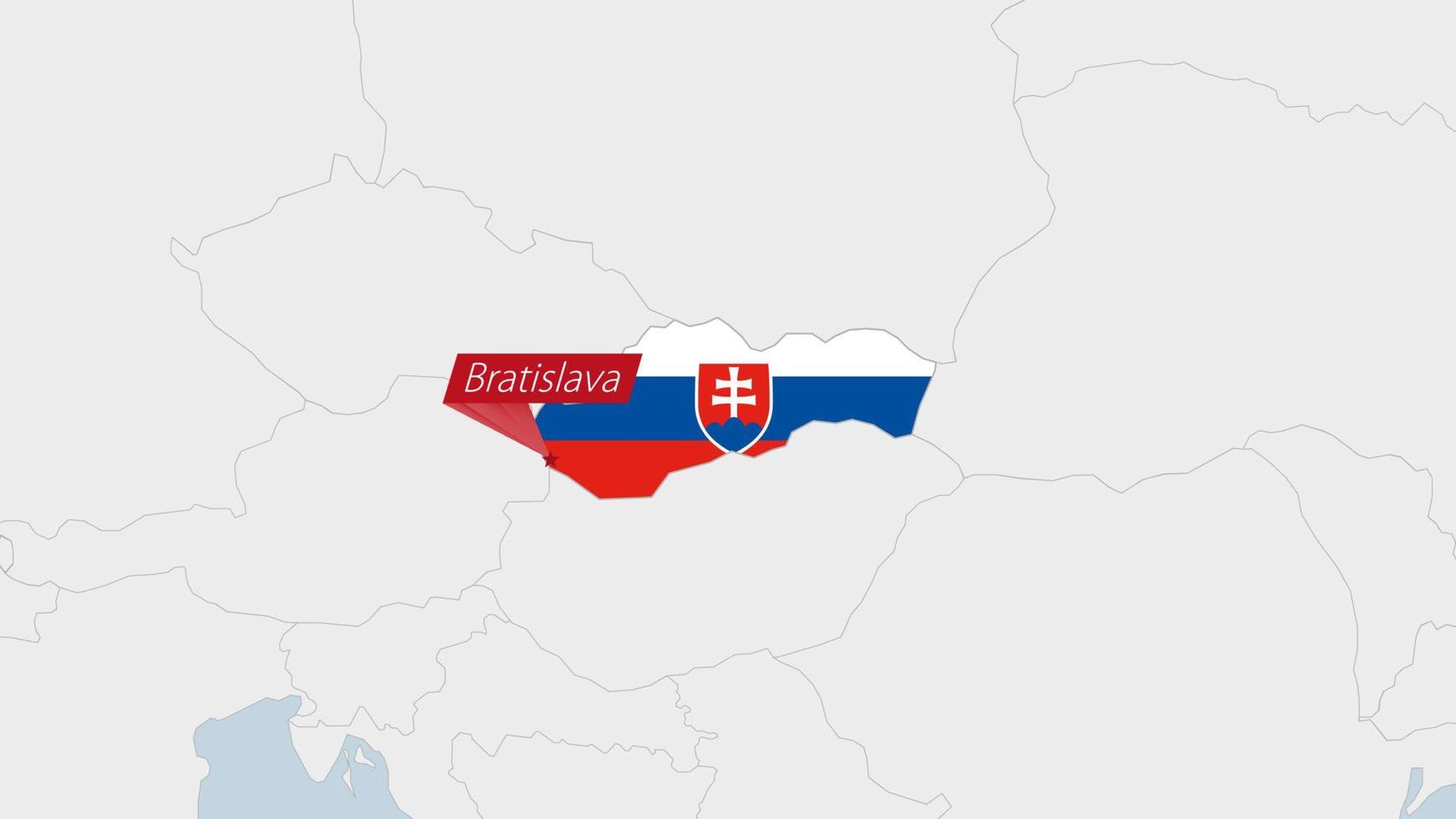 Slovakia map highlighted in Slovakia flag colors and pin of country capital Bratislava. vector