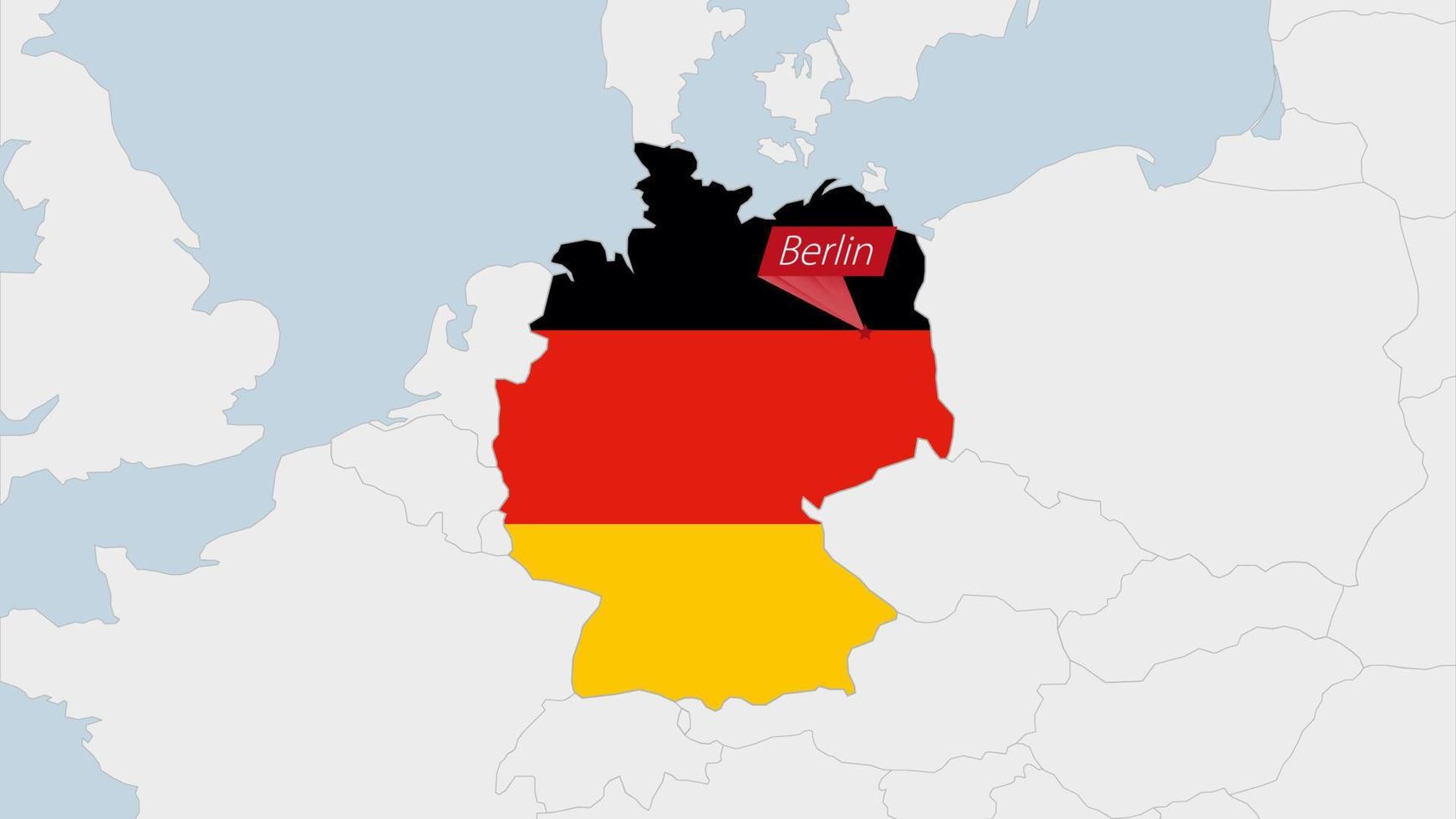 Germany map highlighted in Germany flag colors and pin of country capital Berlin. vector