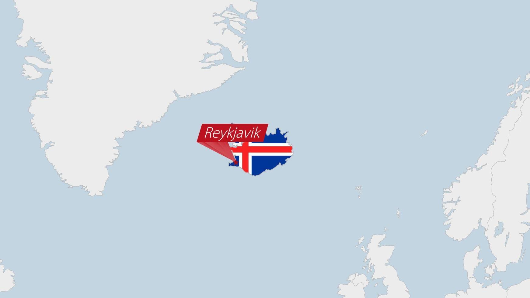 Islandia mapa destacado en Islandia bandera colores y alfiler de país capital Reikiavik. vector