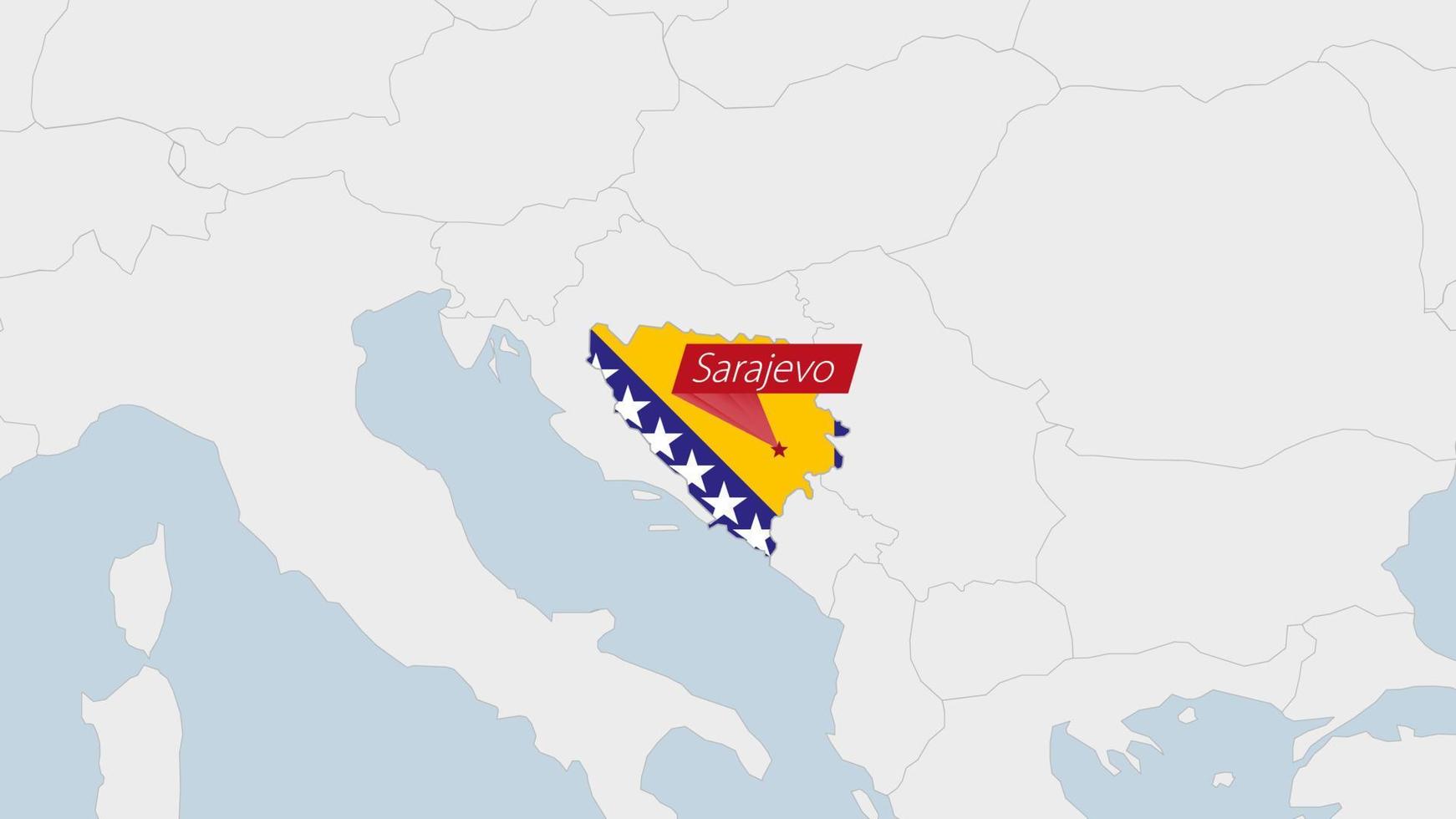 Bosnia and Herzegovina map highlighted in Bosnia and Herzegovina flag colors and pin of country capital Sarajevo. vector