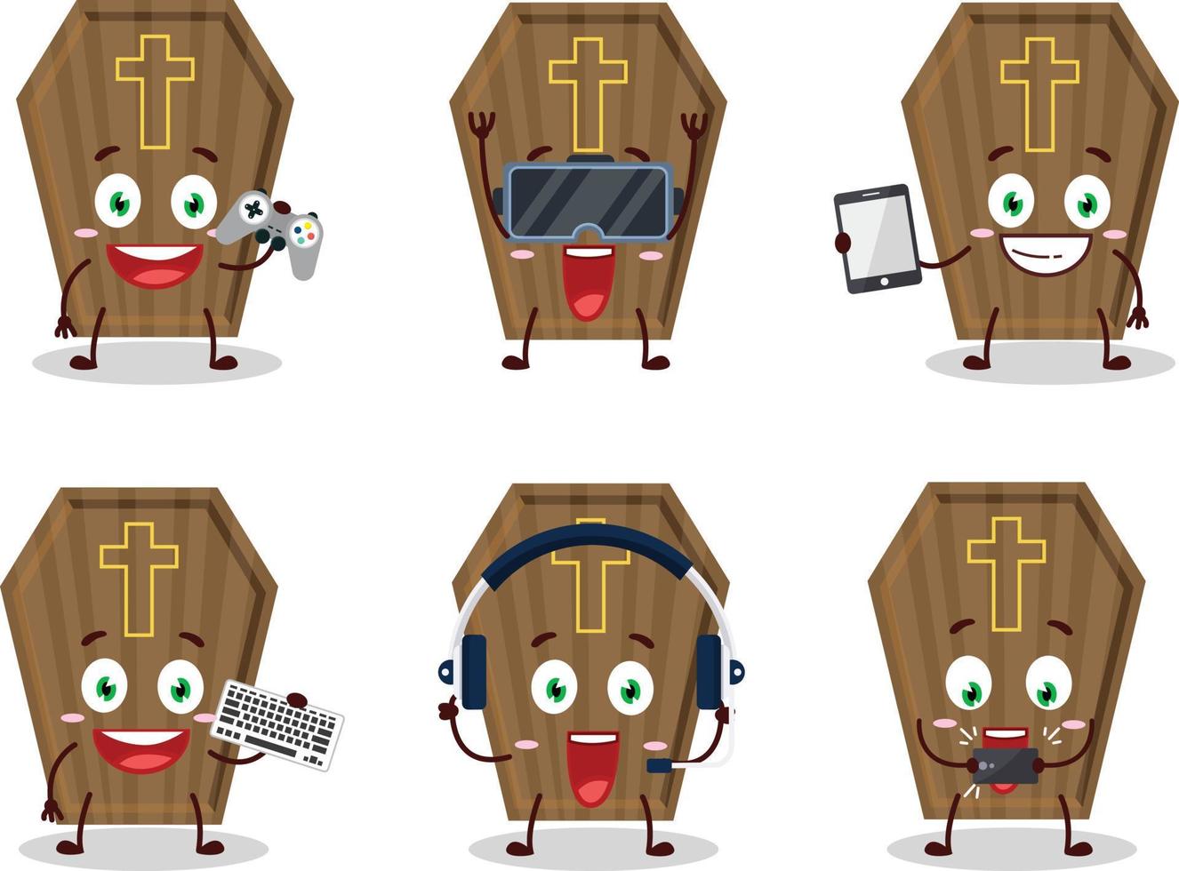 Coffin cartoon character are playing games with various cute emoticons vector