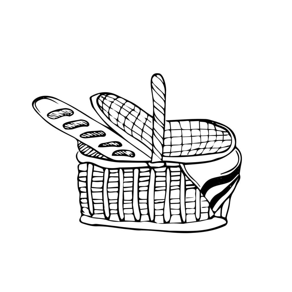 dibujado a mano mimbre cesta aislado en un blanco fondo.ovalado alto cesta para un picnic, para coleccionar hongos y bayas, para Pascua de Resurrección, para un fiesta en naturaleza, por animales vector ilustración