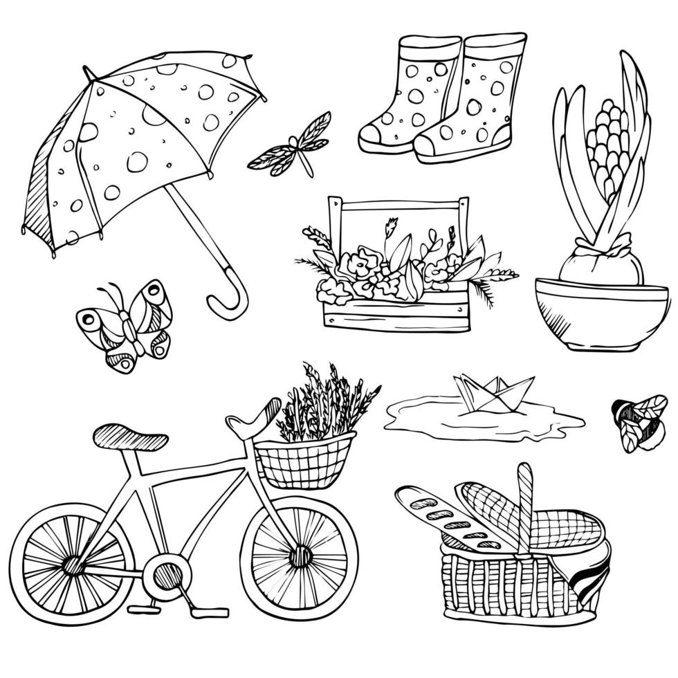 Spring doodles set drawn by hand. Vector spring concept - bicycle and flowers. First day of the spring.