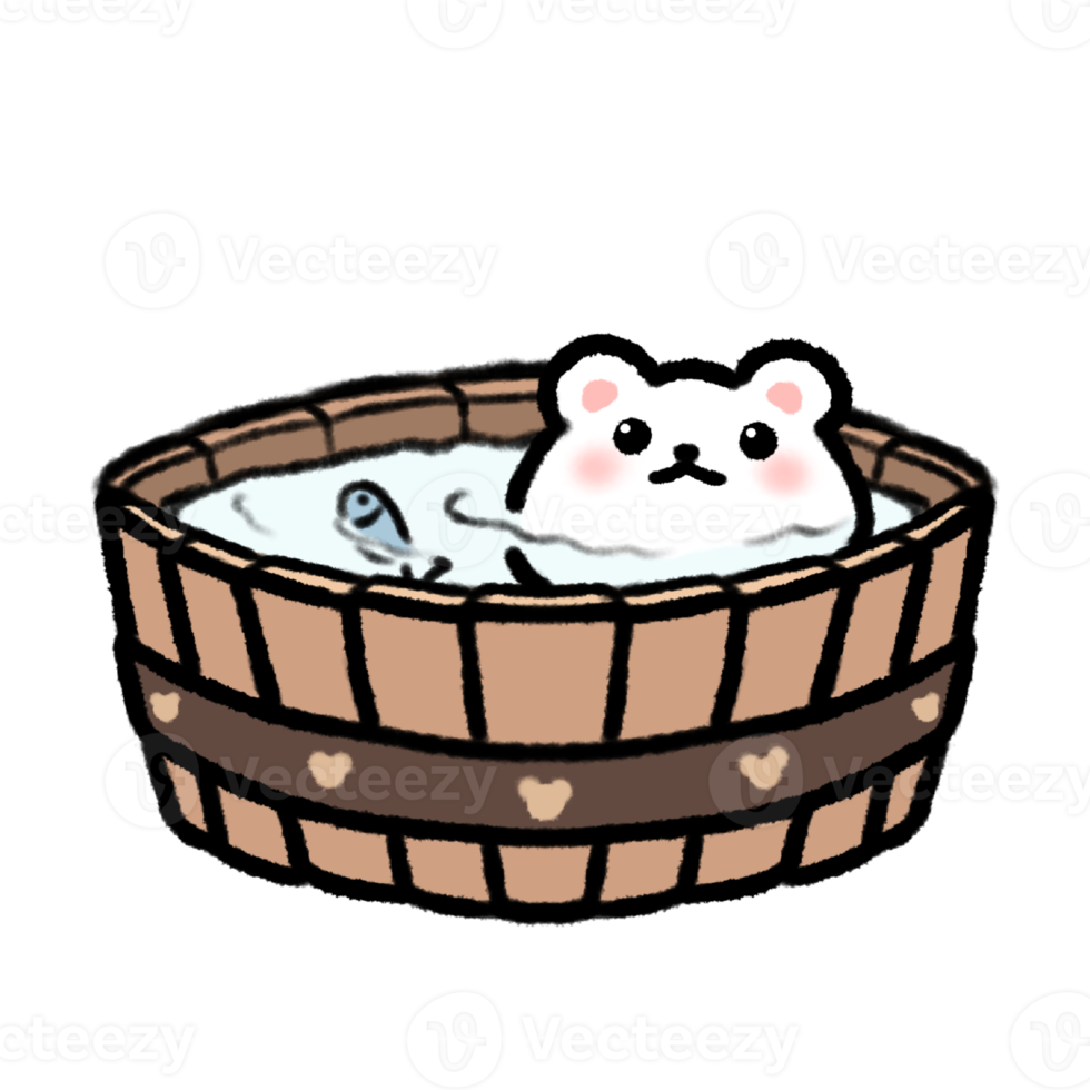 Hand-drawn Cute White Bear in wood bathtub in doodle style png