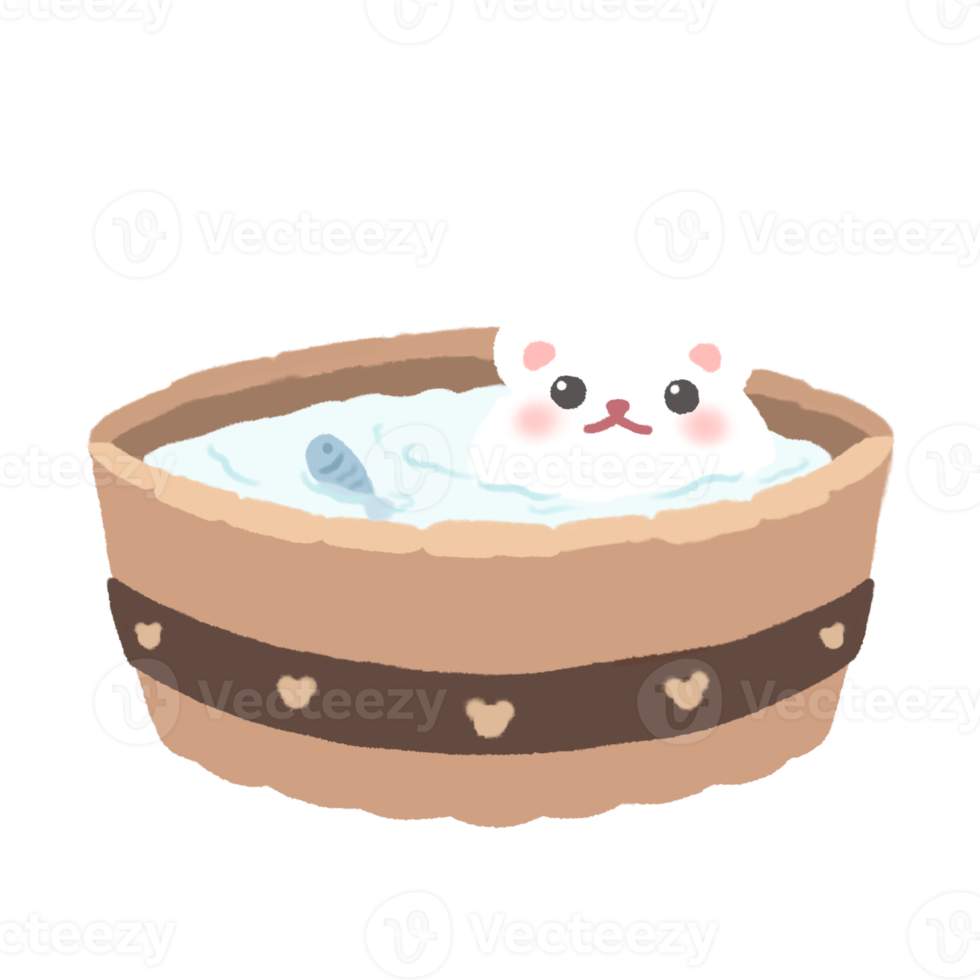 Hand-drawn Cute White Bear in wood bathtub in doodle style png