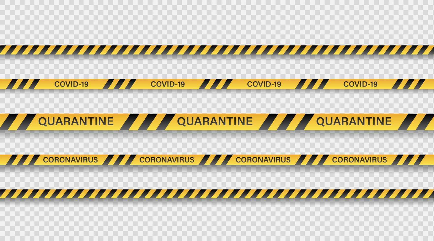 Danger tape quarantine. Warning tape fencing. Black and yellow vector diagonal stripes. Epidemic covid-19 orange tape with quarantine inscription.