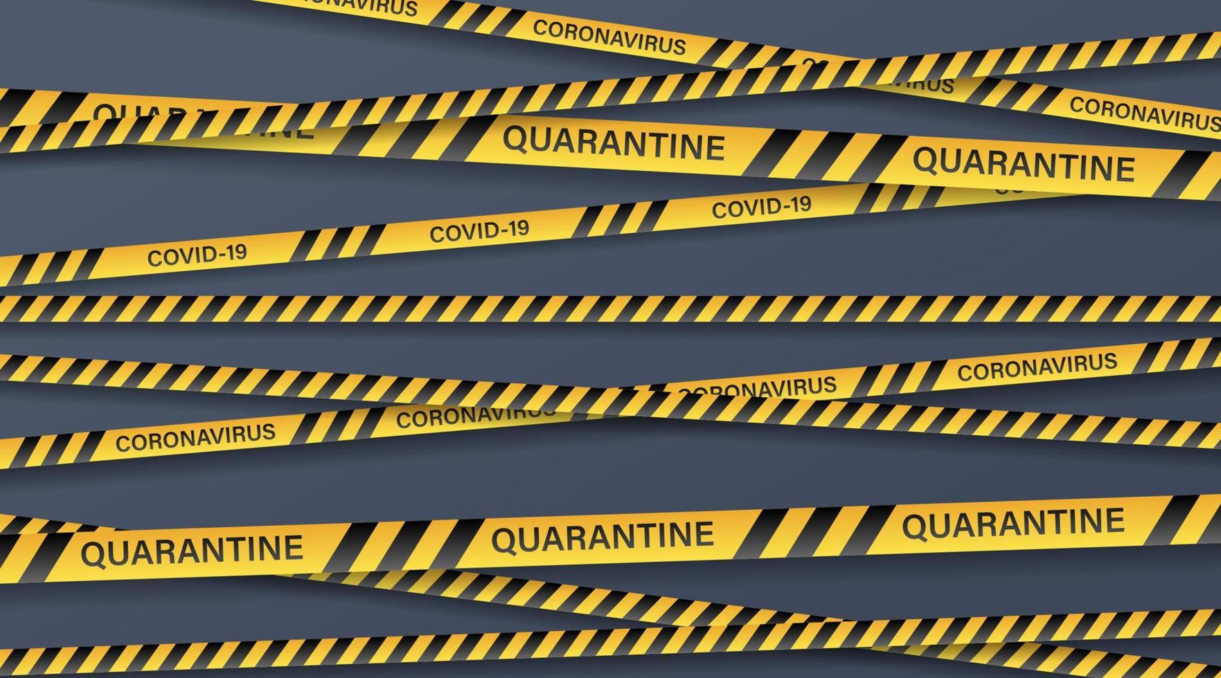 Danger tape quarantine. Warning tape fencing. Black and yellow vector diagonal stripes. Epidemic covid-19 orange tape with quarantine inscription