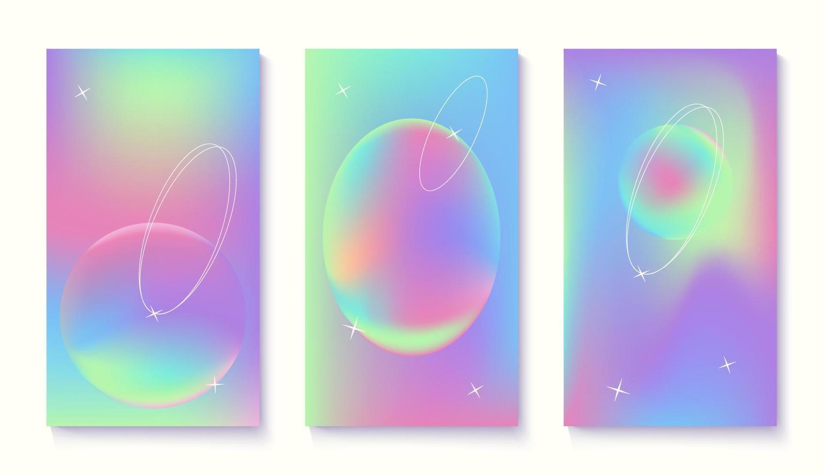 Set of holographic vertical cover templates design for social media posts and stories banners. Vector liquid abstract backgrounds with shapes.