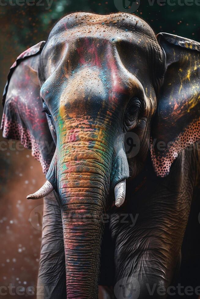 Indian elephant with colorful paint during Holi photo
