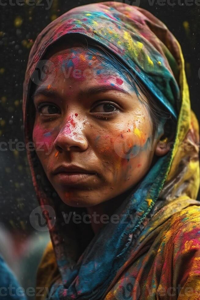 Indian woman close up portrait with colorful paint photo