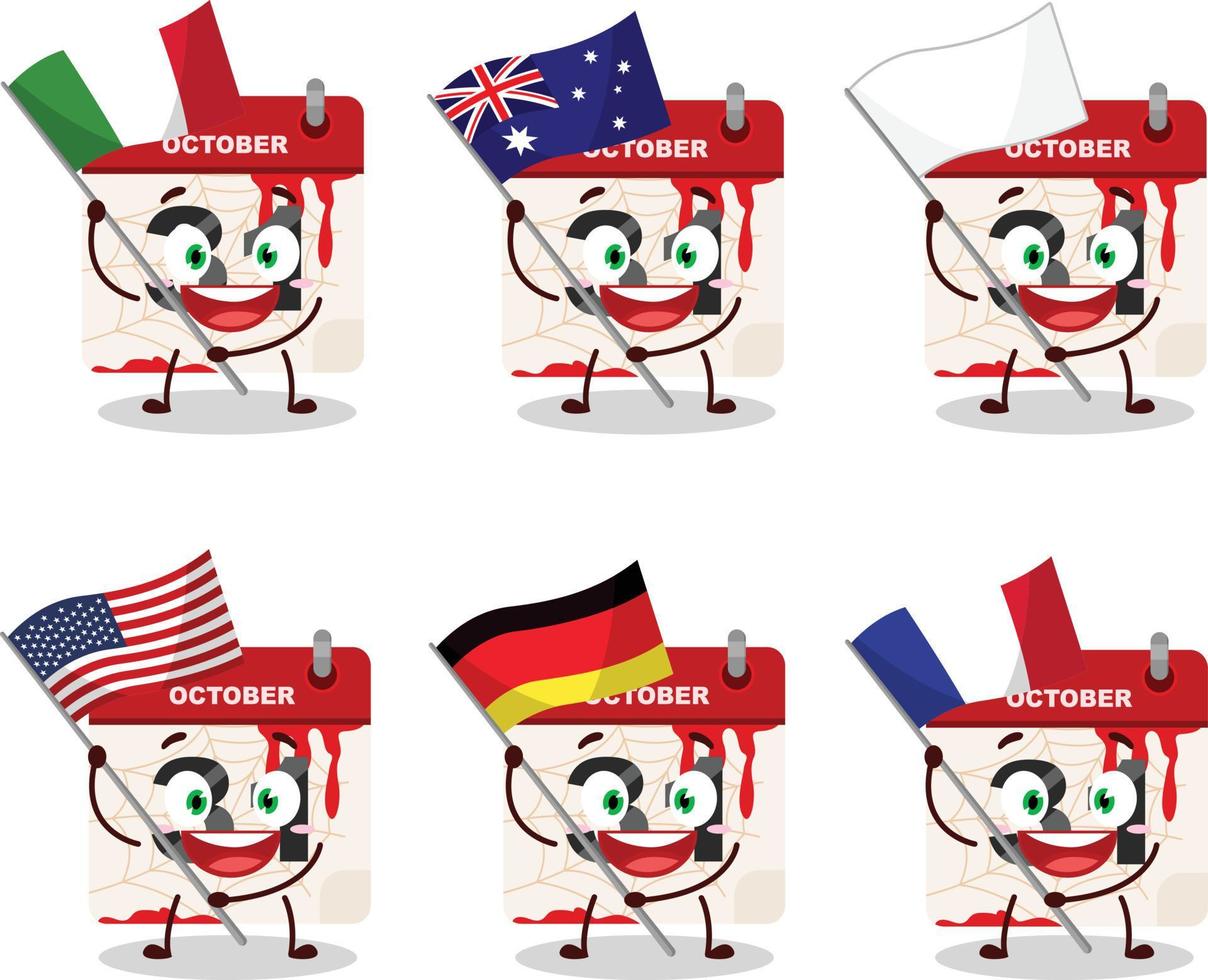 Halloween calendar cartoon character bring the flags of various countries vector