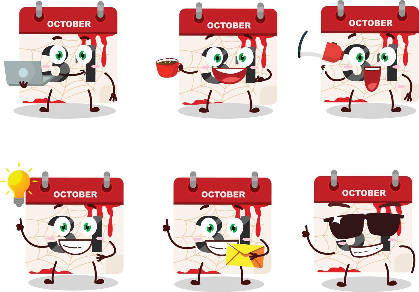 Halloween calendar cartoon character with various types of business emoticons vector