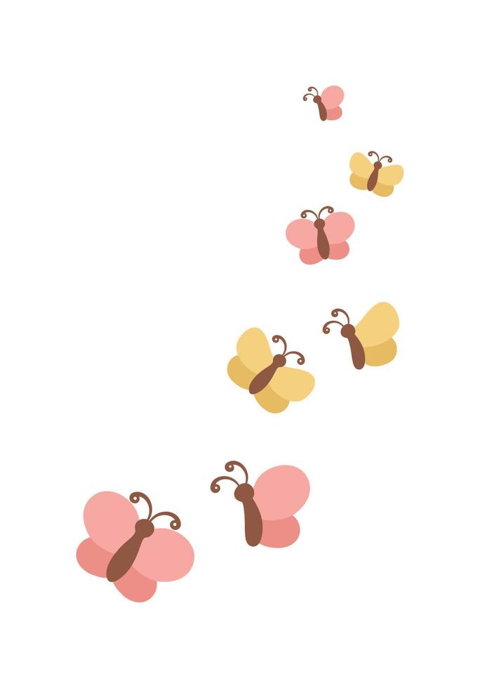 Cute Group of Flying Butterflies Cartoon. Spring Summer Nature Vector Illustration