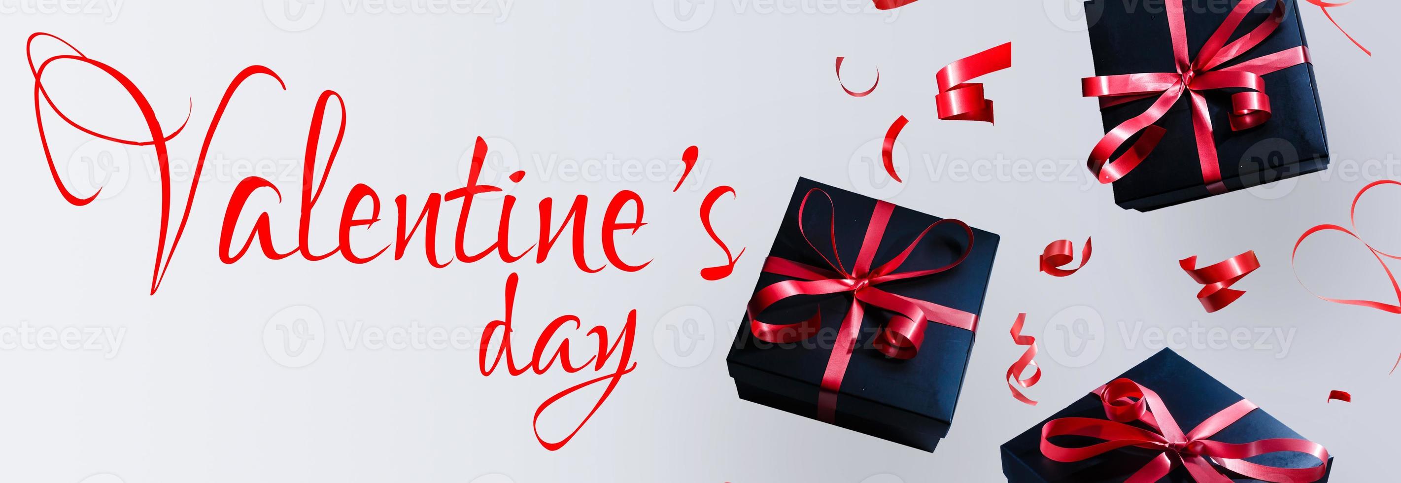 Black gift box with red ribbon on background. Holiday concept, Valentine's Day. Congratulations background photo