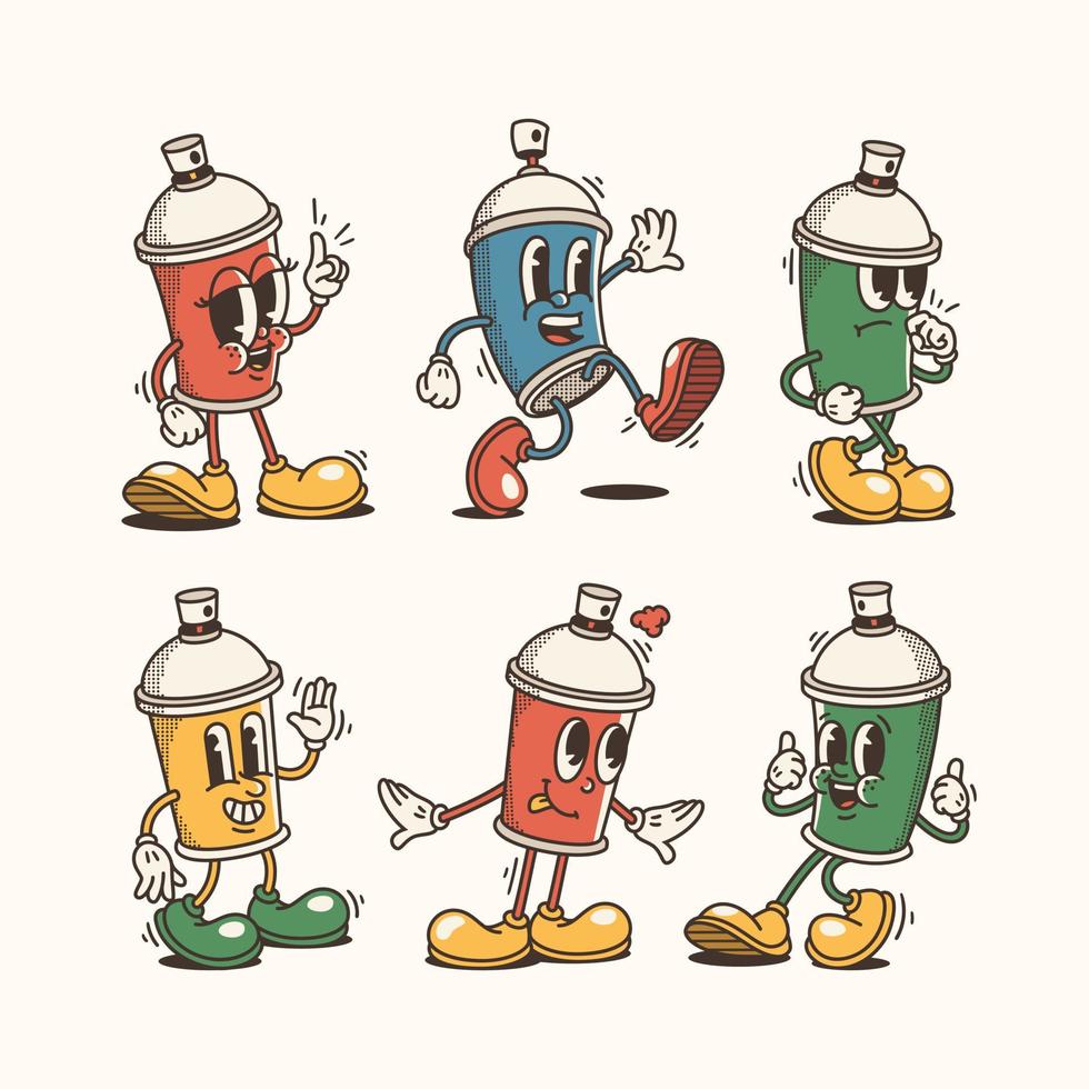 Set of Trendy spray paint cans Characters, Vintage character vector art collection