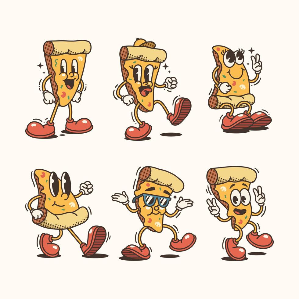 Set of Trendy Pizza and Cartoon Characters, Vintage character vector art collection