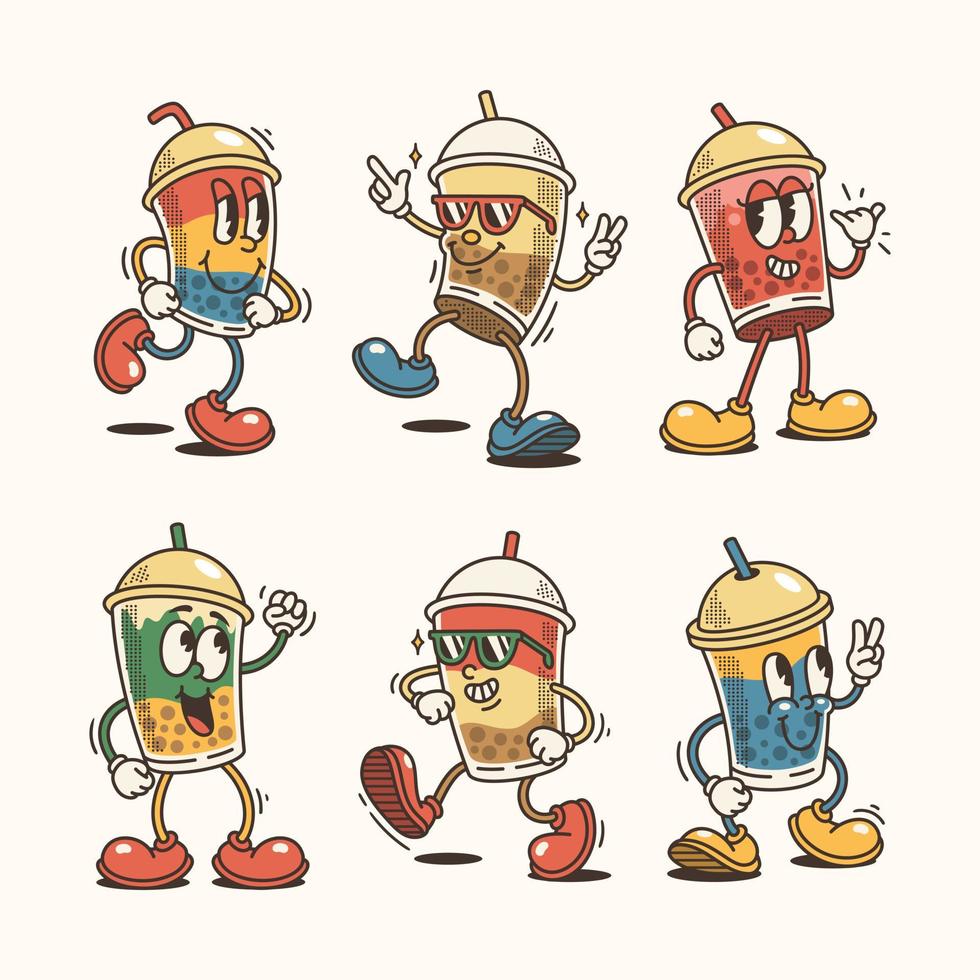 Set of Trendy Bubble Tea and Cartoon Characters, Vintage character vector art collection